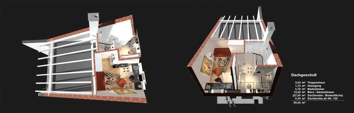 Buch Haussanierung-Innenarchitektur. Bildbeispiel 3D-Grundriss-Dachgeschoss.