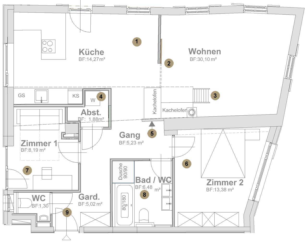 Abbildung eines Baugrundrisses mit Markierungen, architektonischer Schwachstellen.