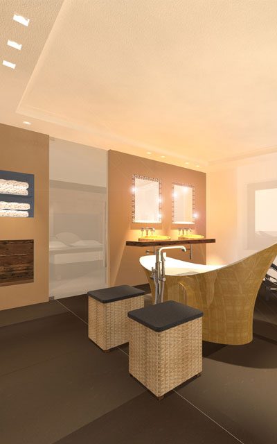 Bild Luxus-Badezimmer, Wanne und Becken vergoldet, Wände mit Kunstharz beschichtet, Einrichtungsberatung Innenraumgestaltung atelier Adi Sachs